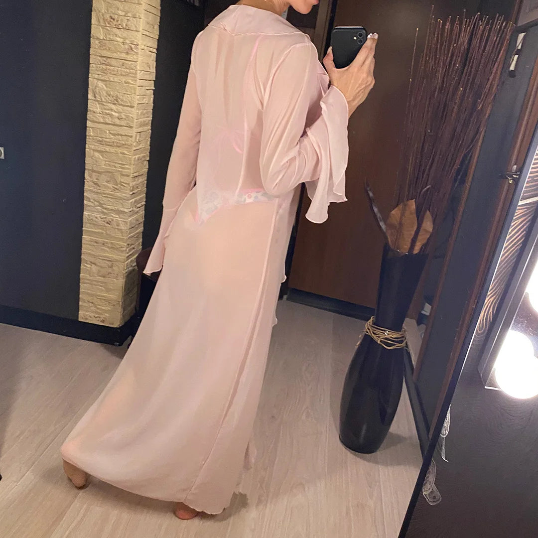 V Neck Ruffled Long Sleeve Chiffon Beach Cover Up Dress