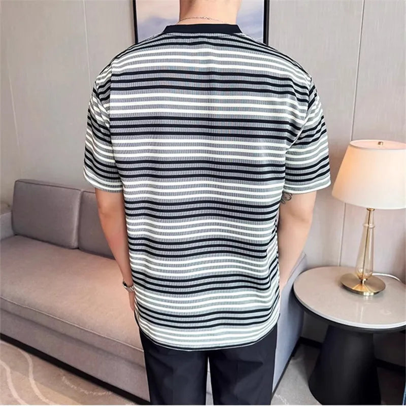 Men's  Summer Striped Round-Neck Short Sleeve Casual  Slim Fit T-Shirt