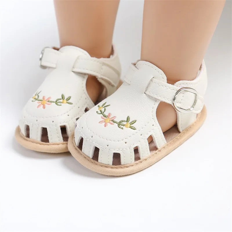 Newborn Baby Sandals PU Leather Non-slip Flower Embroidery Summer Flats Shoes