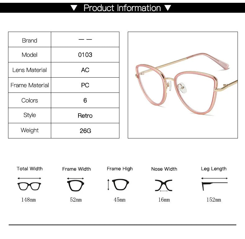 Fashion Cat Eye Eyeglass Frame - Anti Blue Light Prescription Compatible for Women