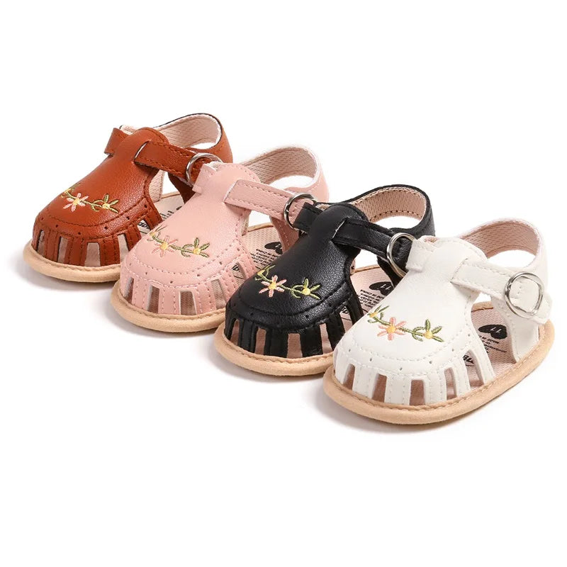 Newborn Baby Sandals PU Leather Non-slip Flower Embroidery Summer Flats Shoes