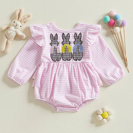 Baby Girls' Easter Spring Romper - Rabbit Embroidery Long Sleeve Striped Jumpsuit