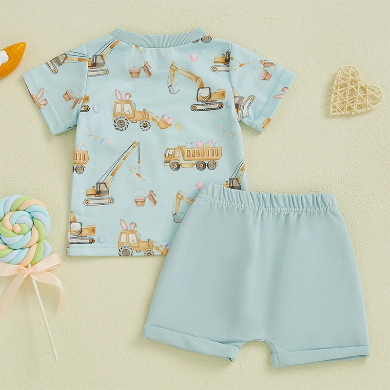 Boys' Excavator Print Summer Outfit Set - Short Sleeve Top with Elastic Waist Shorts