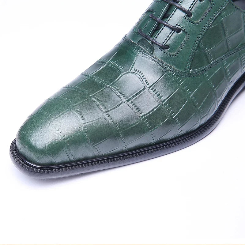 Crocodile Pattern Square Toe Brogue Leather Oxford Shoes