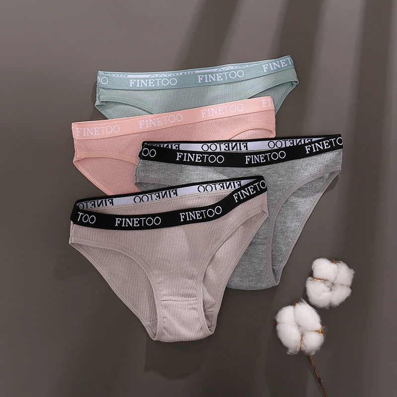 Women's 4Pcs Cotton Striped Underwear Panties Letter Belt Briefs  Low Waist Lingerie
