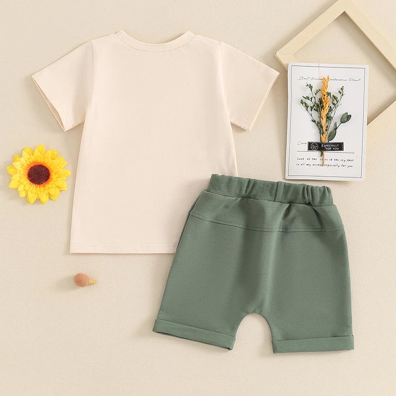 0-5Y Toddler Baby Boys Clothes Set 2pcs Short Sleeve Tractor Letter Print T-shirt with Elastic Waist Shorts Outfit