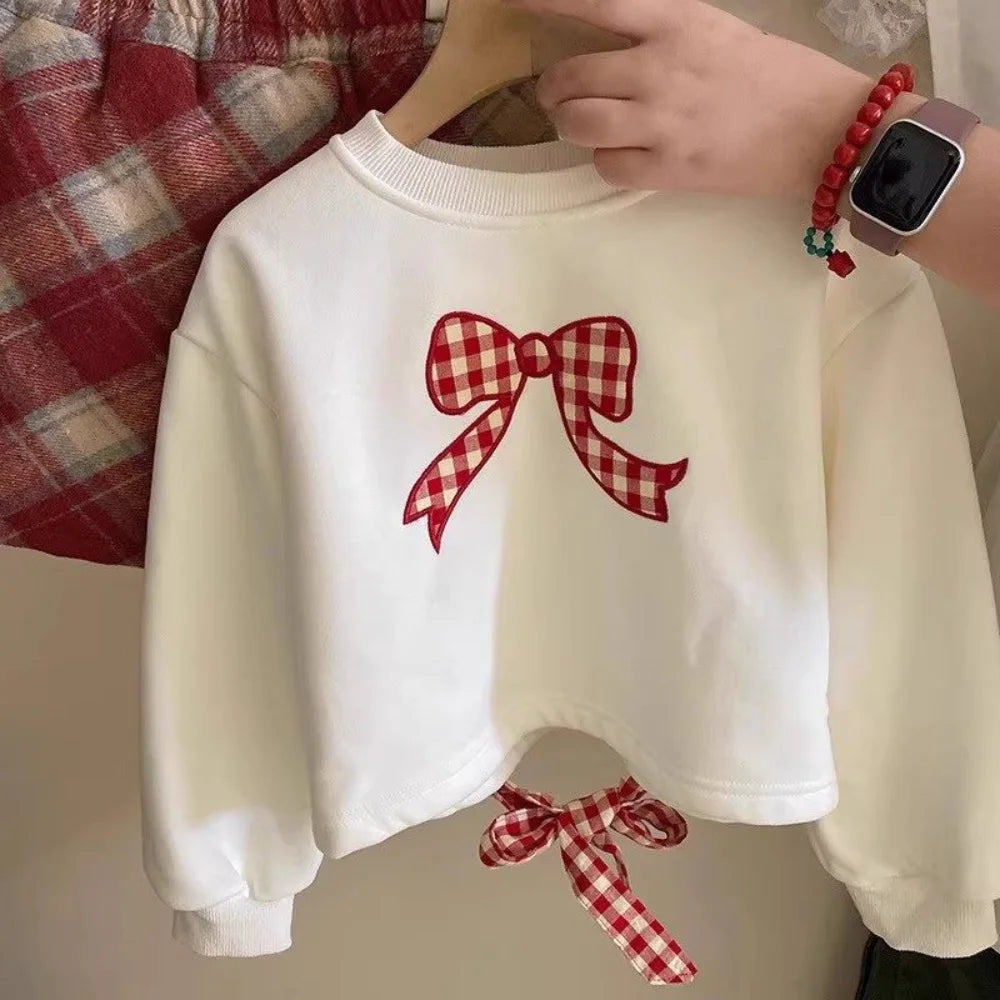 3-7 Years Girl's Clothes Autumn  Bow Print Long Sleeved Top and Plaid Skirt Easter Two-piece Set