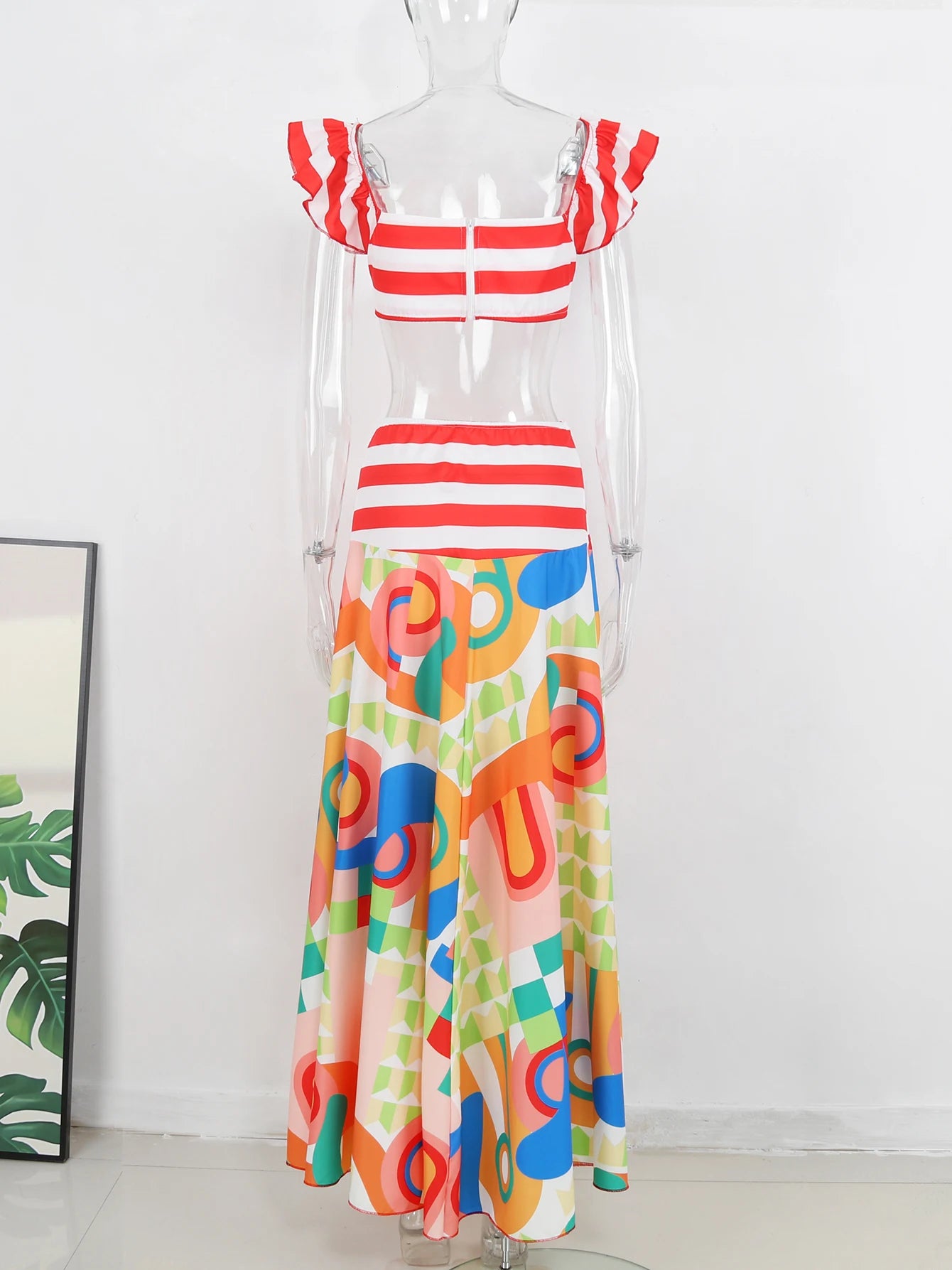 Women's Square Collar Flying Sleeve Crop Top & High Waist A-Line Maxi Skirt Set