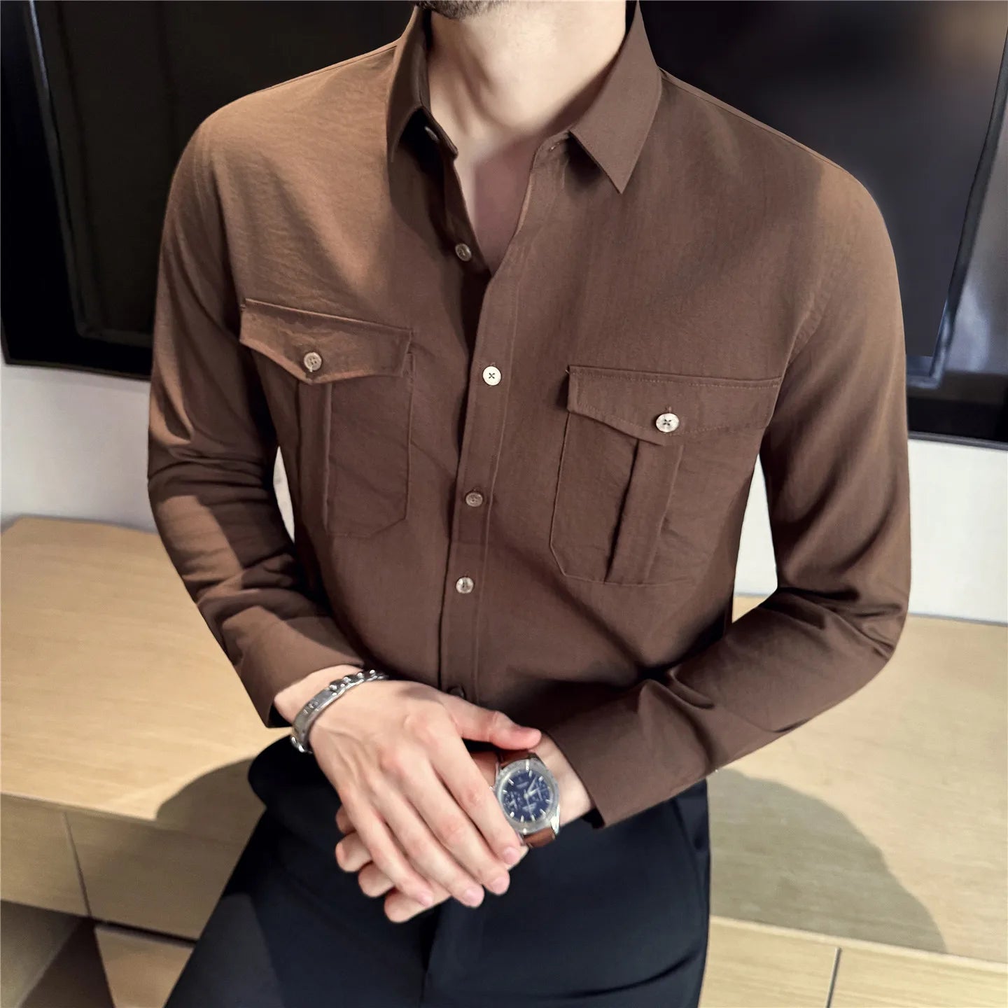 Men's Minimalist Slim Fit Shirt - Long Sleeve Solid Colour Smart Casual Pocket Blouse