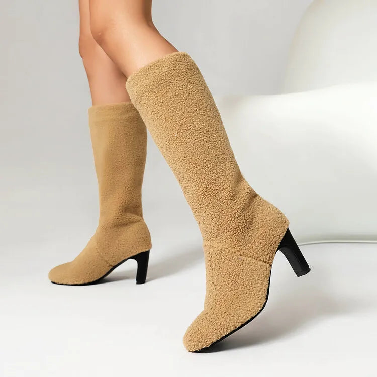 Faux Fur Lined Knee High Boots - 7cm Square Heel Winter Boots
