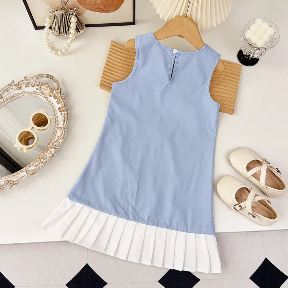 Girl's Summer Casual Round Neck Bow Sleeveless Princess Dress