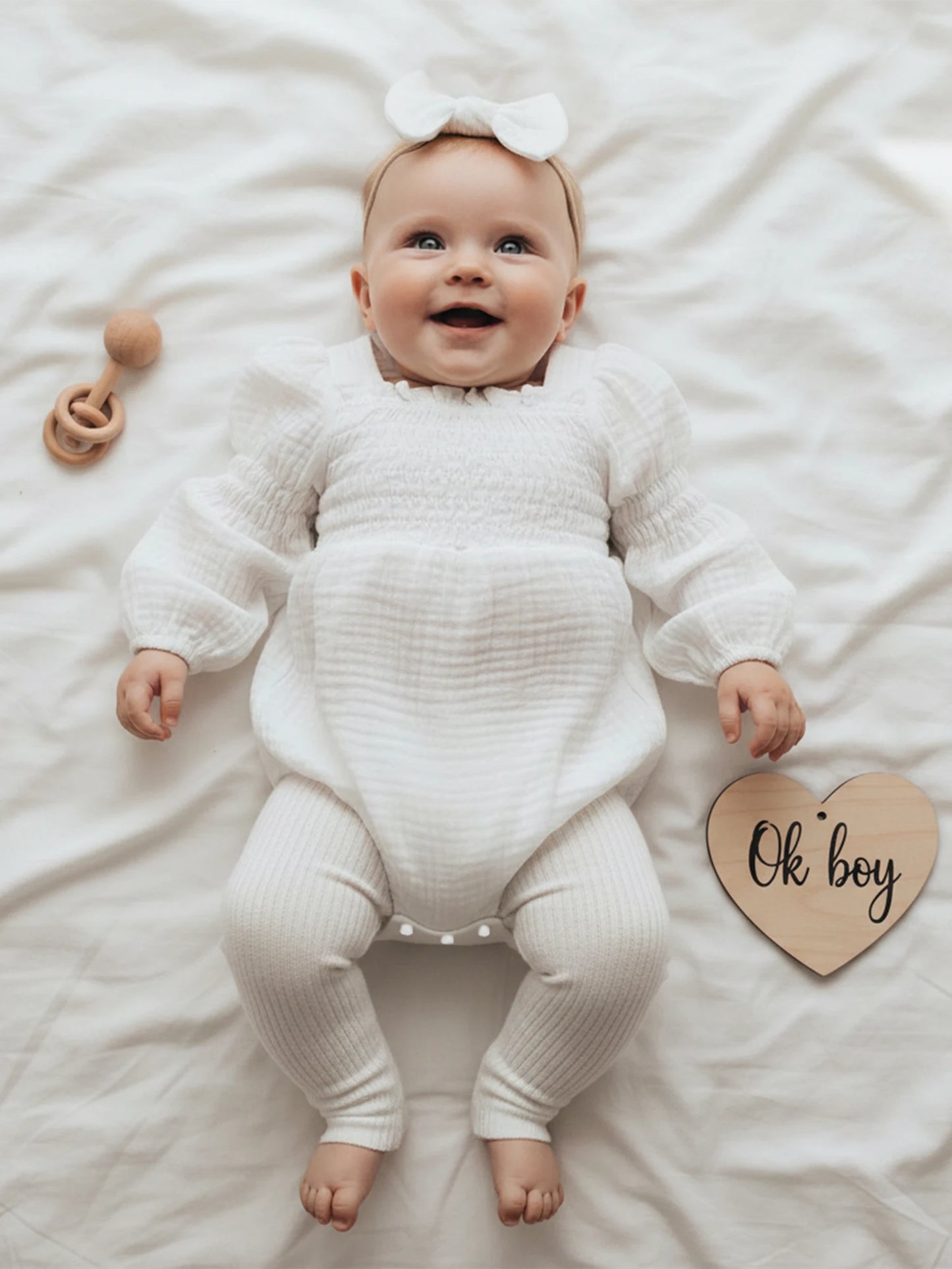 Baby Romper Set - Long Sleeve Smocked Jumpsuit with Headband