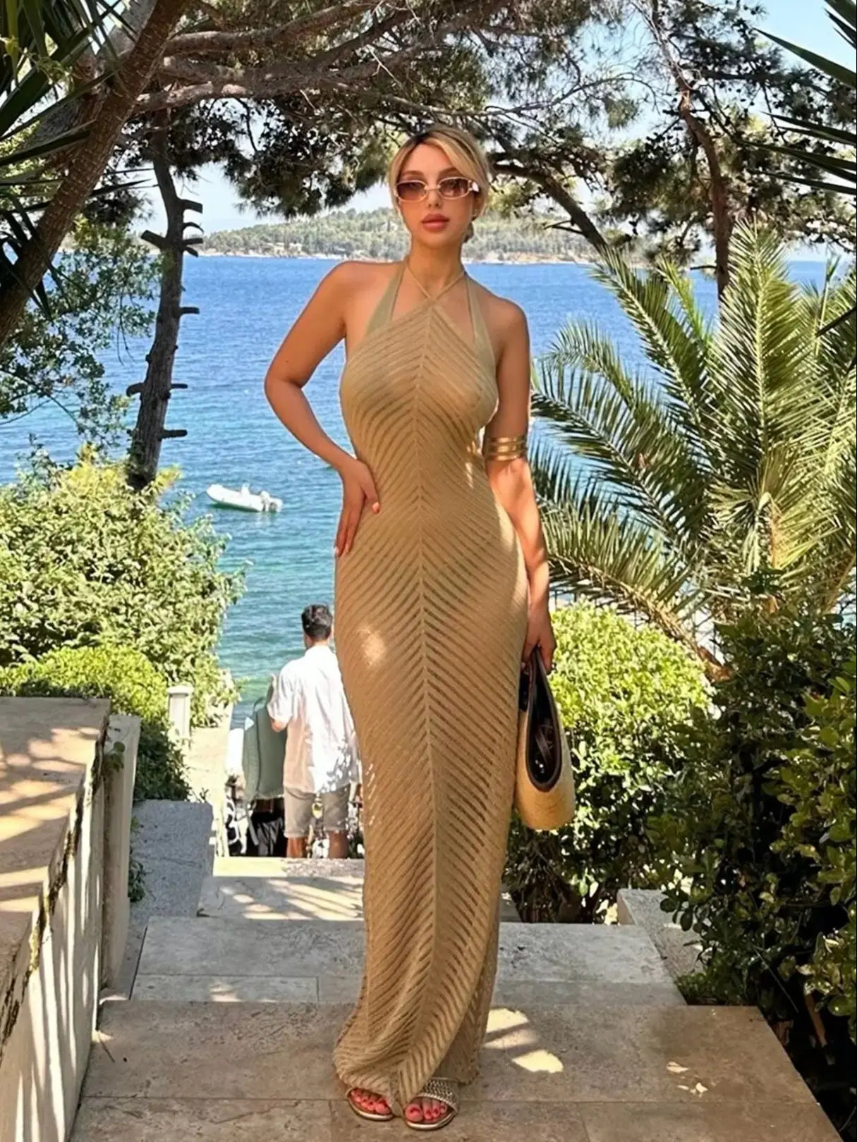 Halter Crochet Maxi Dress with Long Sleeves