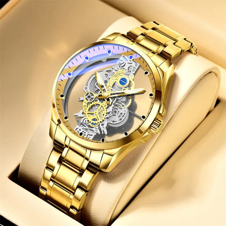 Gold Luxury Watch Men Hollow Creative Leather Man Wristwatch Waterproof Sliver Business Stainless Steel Bracelet Erkek Kol Saati