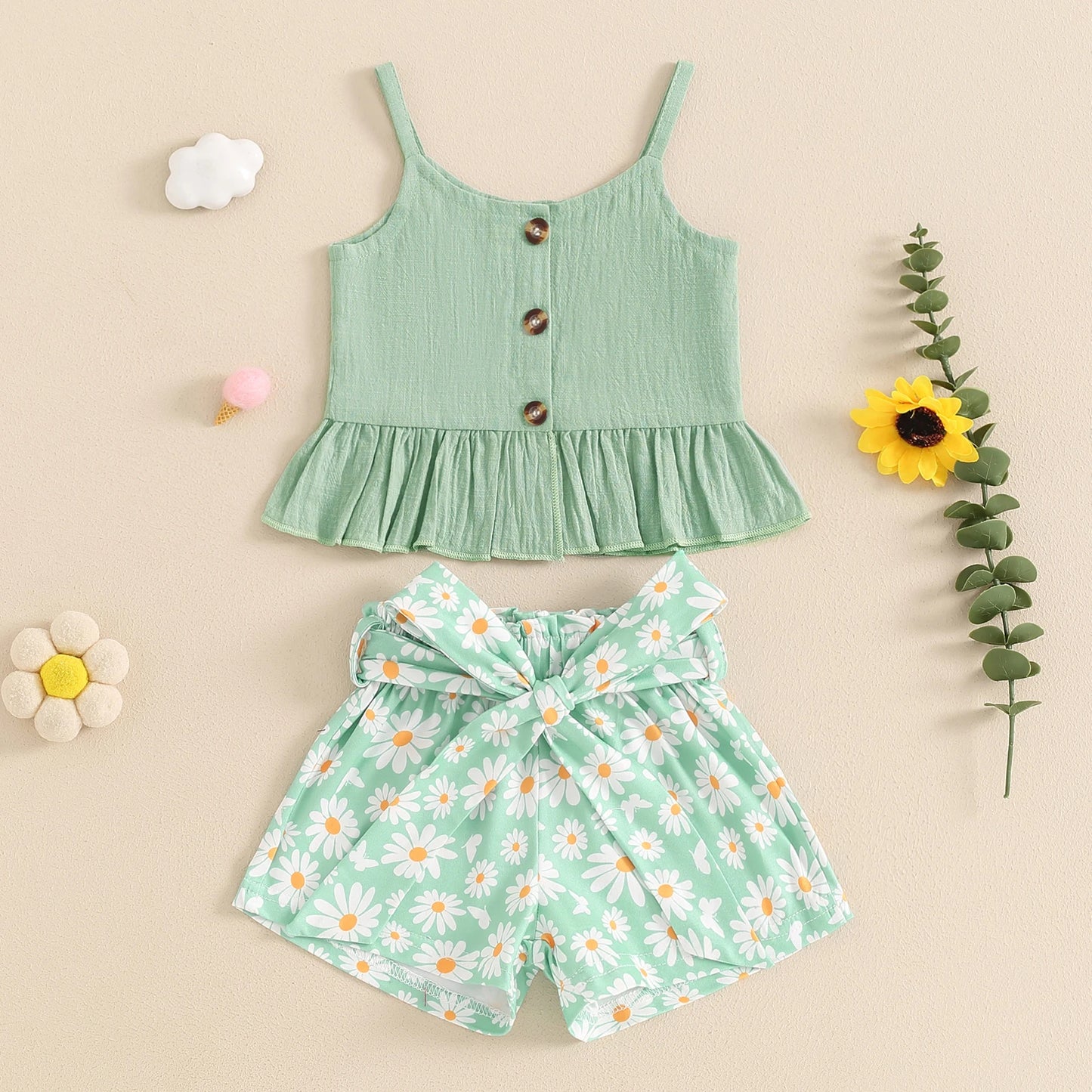 0-4Y Girls Summer Clothes Sets - Sleeveless Button Up Camisole Vest, Sunflowers Print Shorts Sets