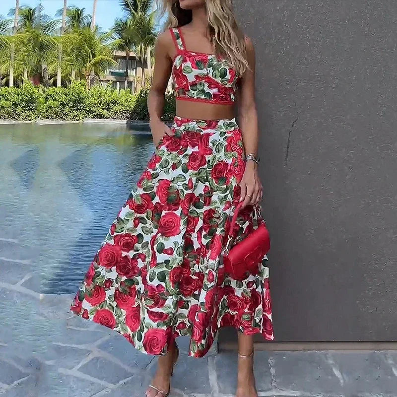 Two Piece Set - Women Elegant Chic Rose Printed Strap Square Neck Sleeveless Backless Top Loose Long Skirt Set