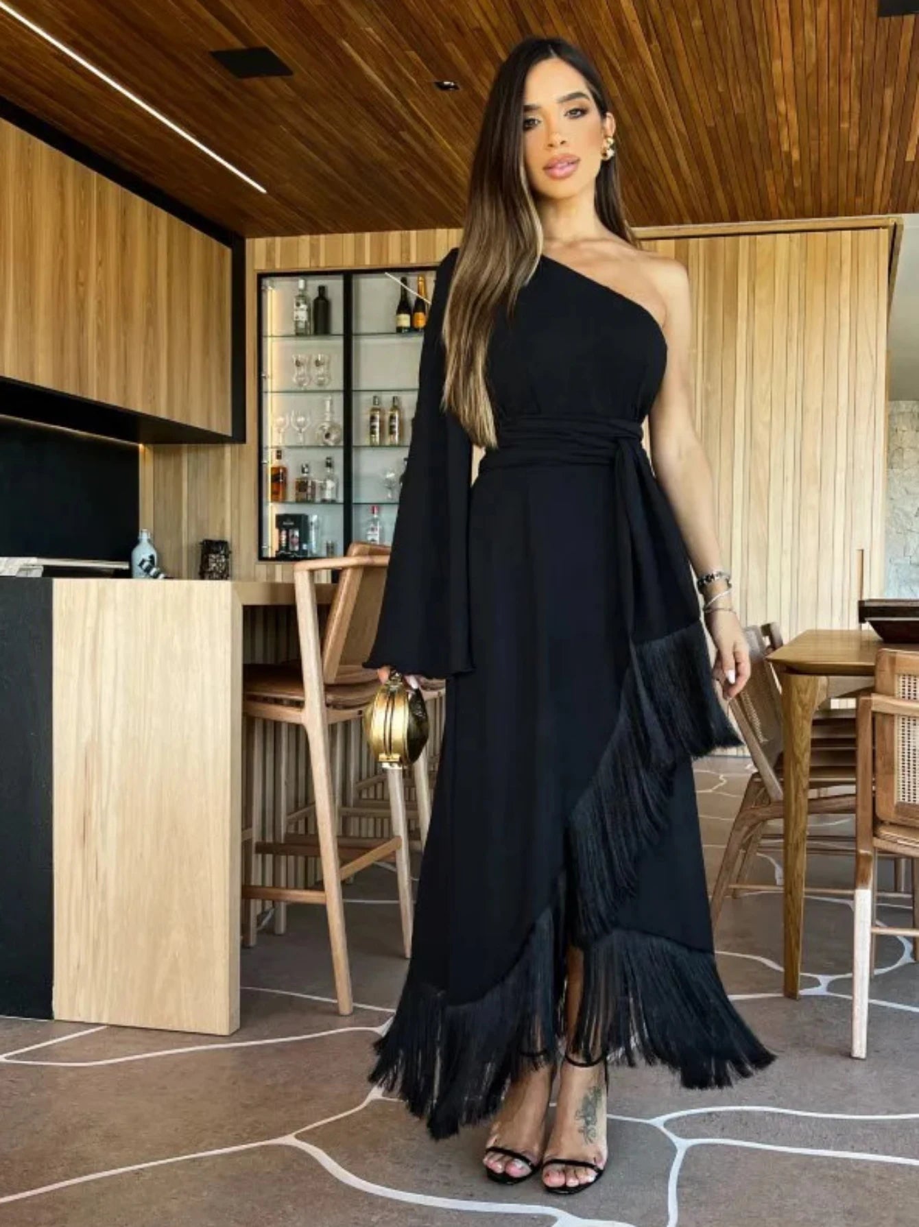 Women's One-Shoulder Long Slit Ruffled Tassel Swing Dress