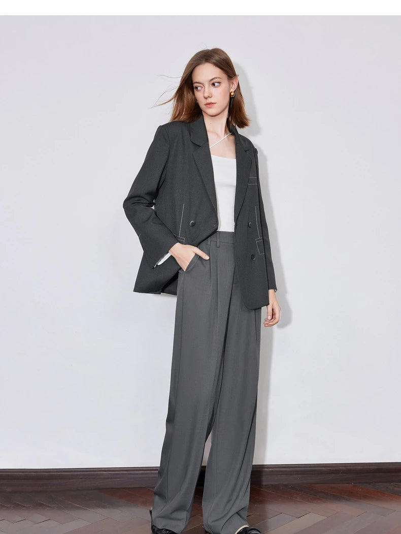 Women's High Waist Straight Leg Suit Trousers with Pockets | Brown