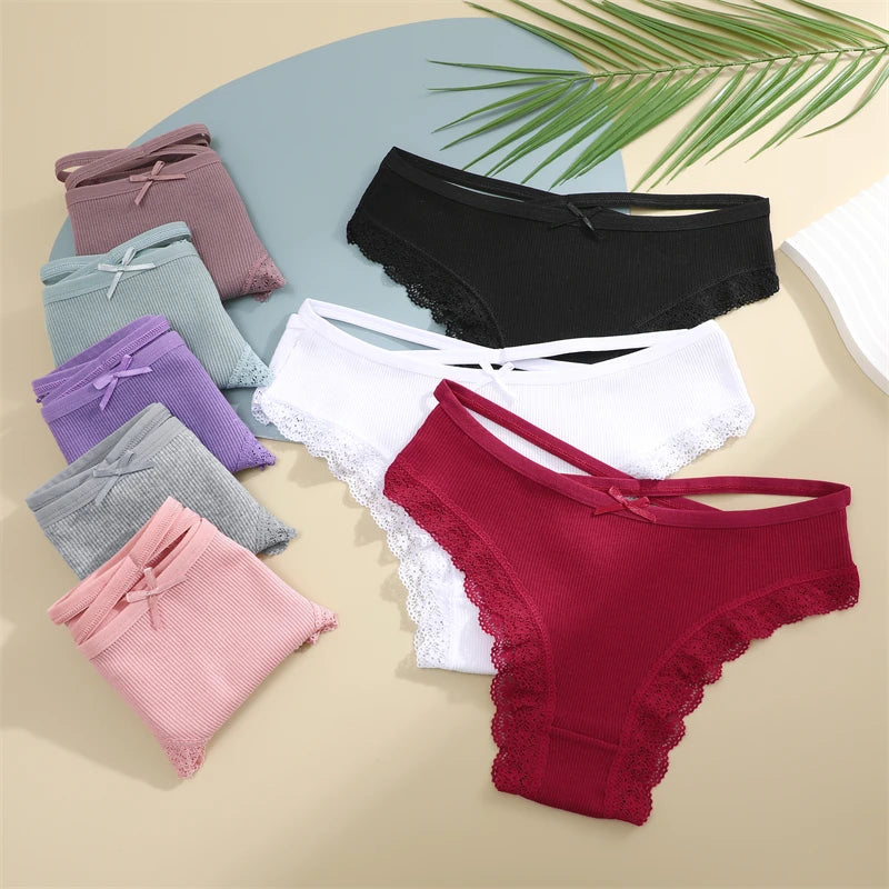 3PCS Women Cotton Underwear Panties Lace Briefs Low-Waist Cross Belt Hollow Out Cozy Lingerie