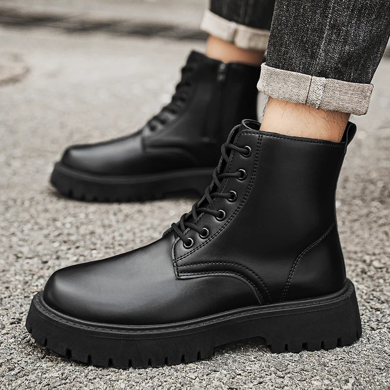 Men's Leather Platform Boots - Thick Sole Motorcycle Sneaker Boots