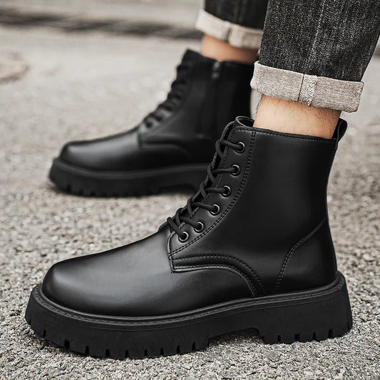 Men's Leather Platform Boots - Thick Sole Motorcycle Sneaker Boots