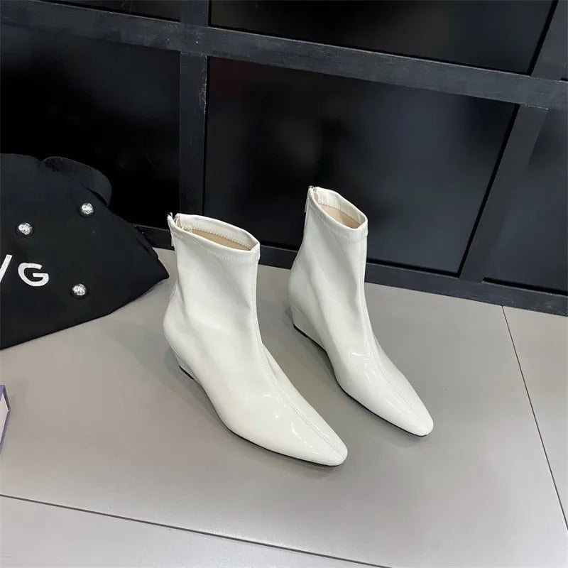 Patent Leather Pointed Toe Chelsea Ankle Boots | Wedge Heel & Rear Zip