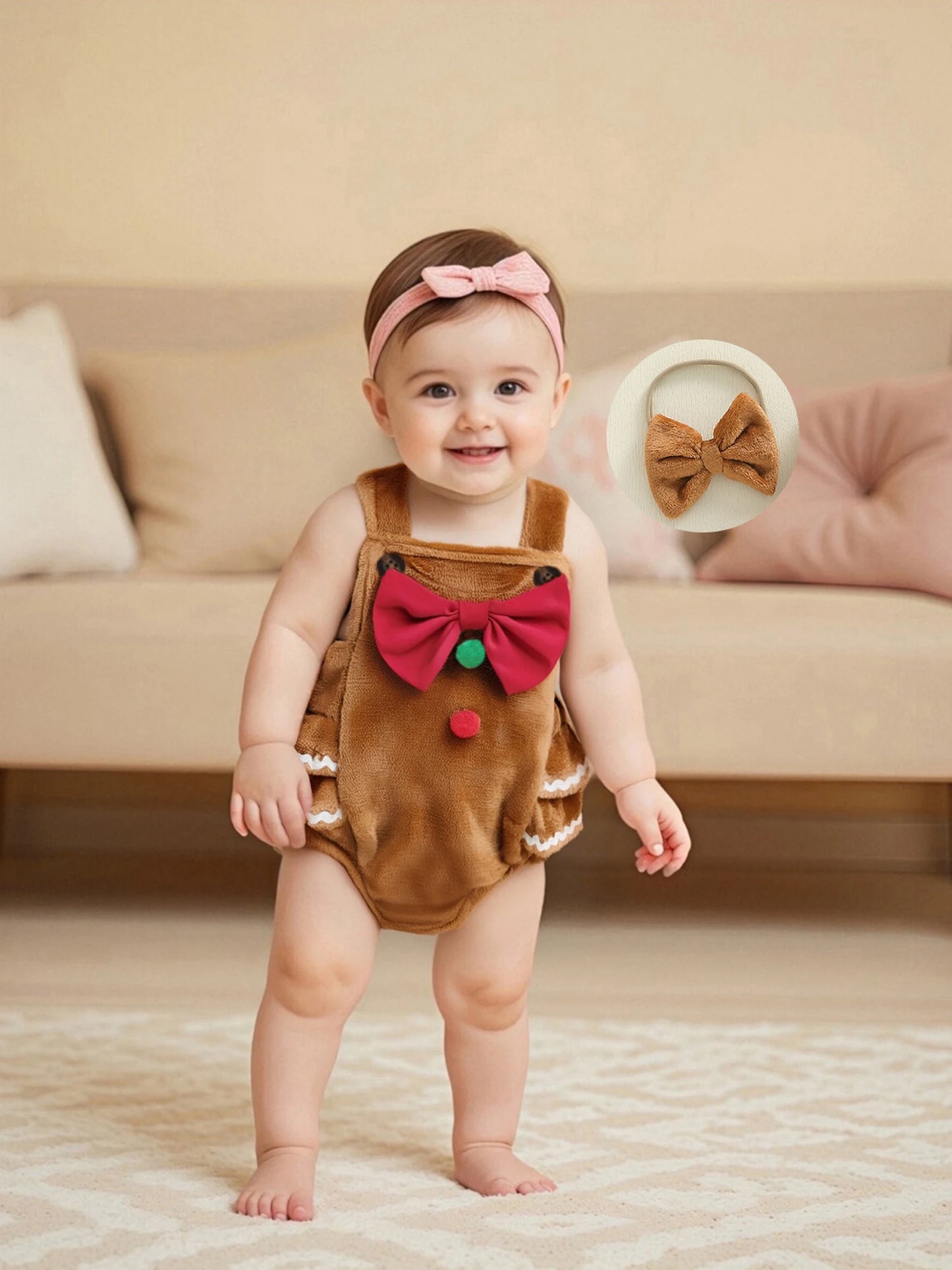 Baby Girls' Christmas Romper Outfit - Gingerbread Man Sleeveless Jumpsuit with Hairband