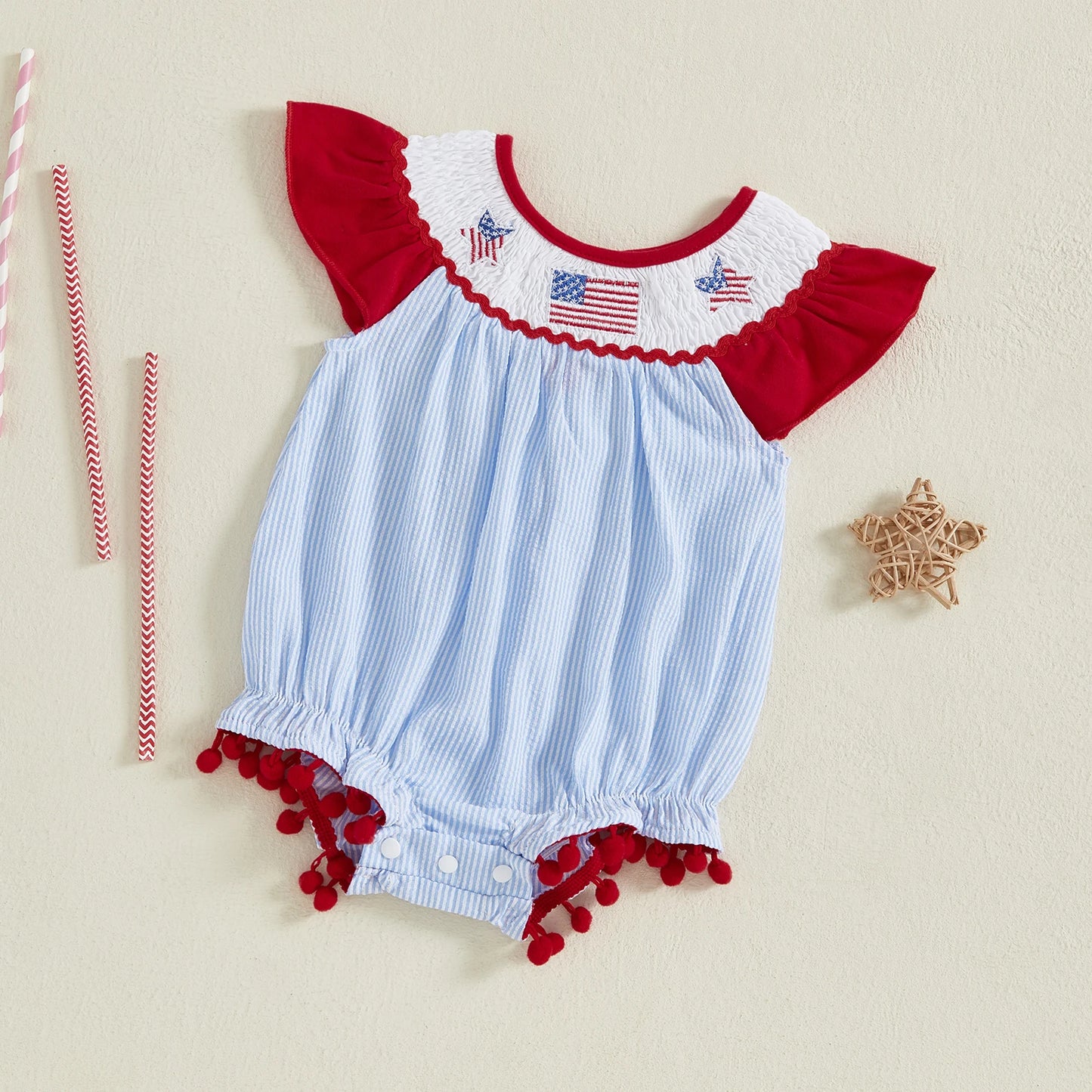 Baby Girls Summer Romper - Ruffles Tassel Flutter Sleeve Striped Flag Embroidery (0-18M)