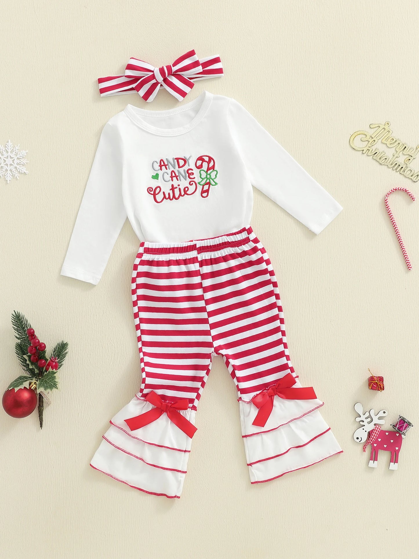 Baby Girls Christmas Outfit Set - Candy Cane Embroidery Long Sleeve Top, Flared Pants & Headband (0-3Y)