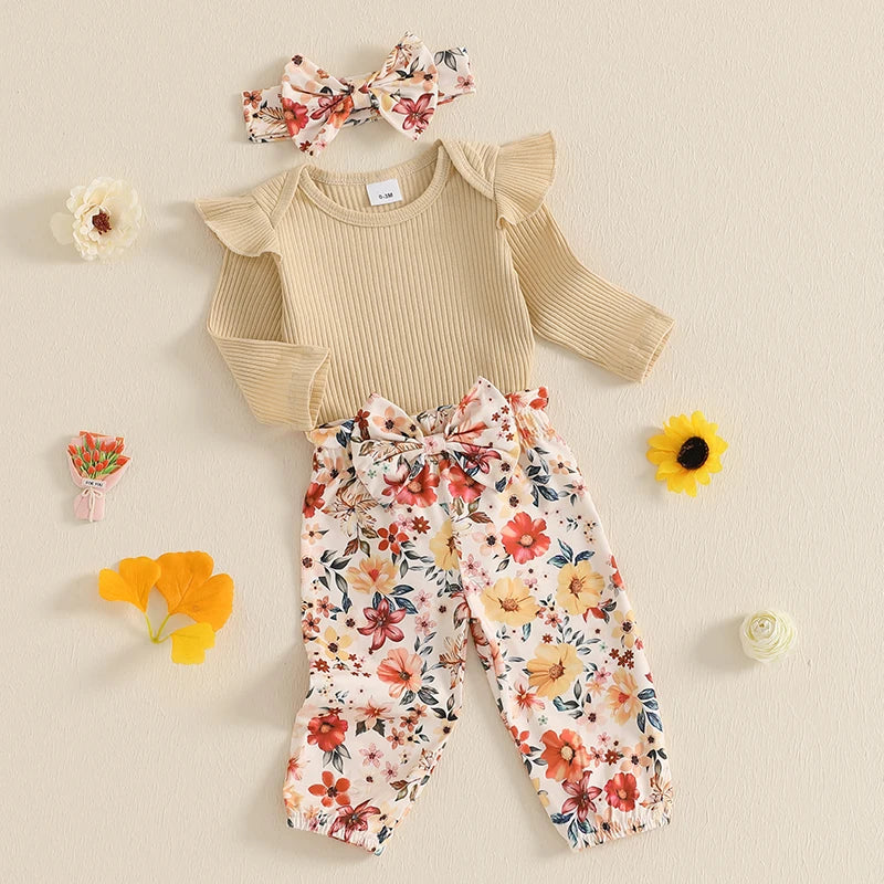 0-18M Baby Girls Fall Clothes Sets 3pcs Long Sleeve Ribbed Romper and Bow Front Pants and Headband