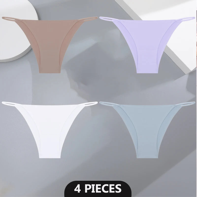 Women's 4Pcs/set Seamless Underwear Ice Silk Briefs Panties Thin Strap Lingerie