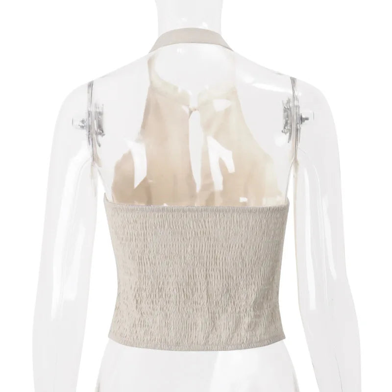 Women's Vintage Button Vest Crop Top - Y2K Tie Front Backless Sleeveless Top