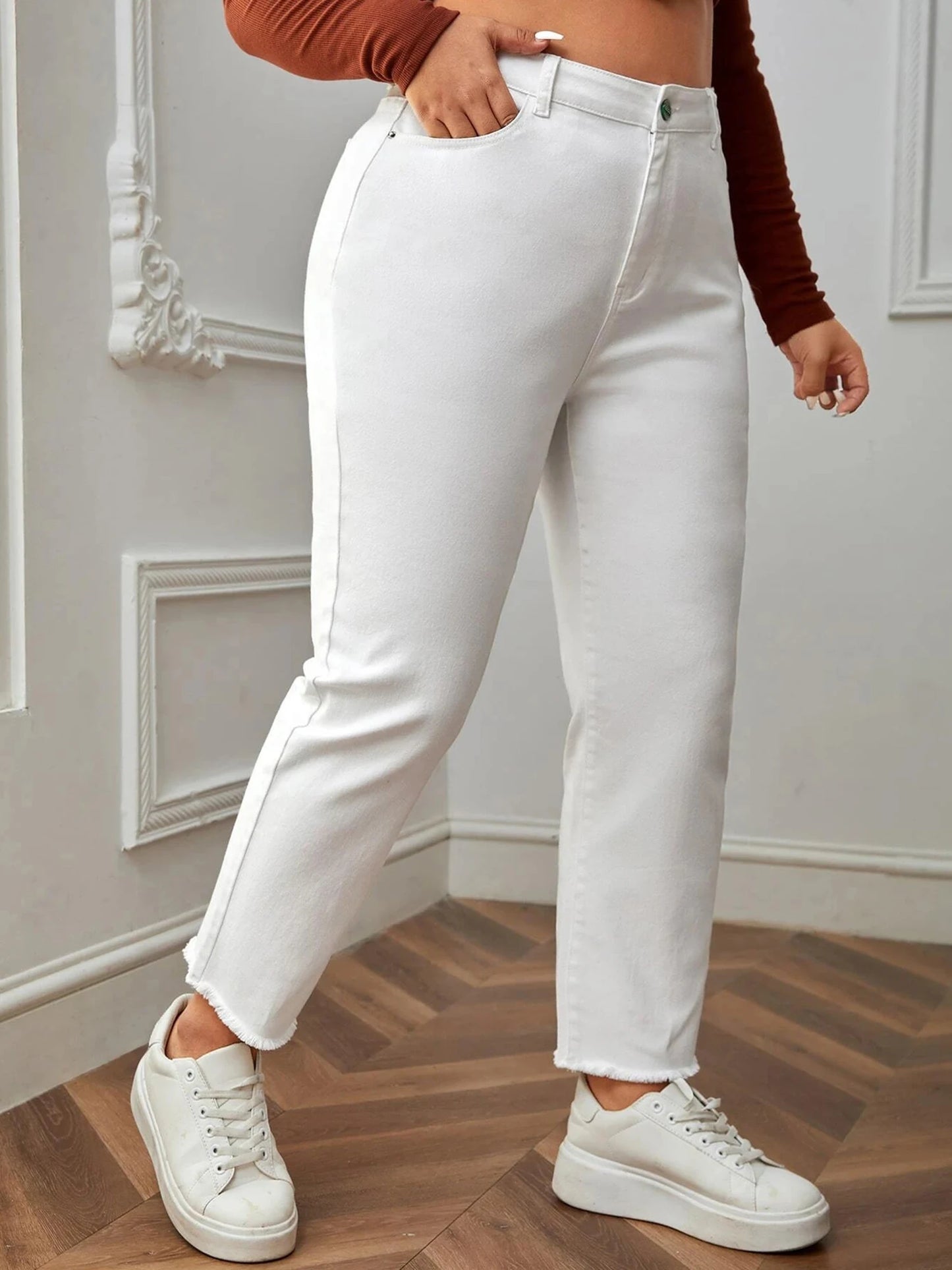 Women Plus Size White  Full Length High Waist Stretchy Denim  Jeans