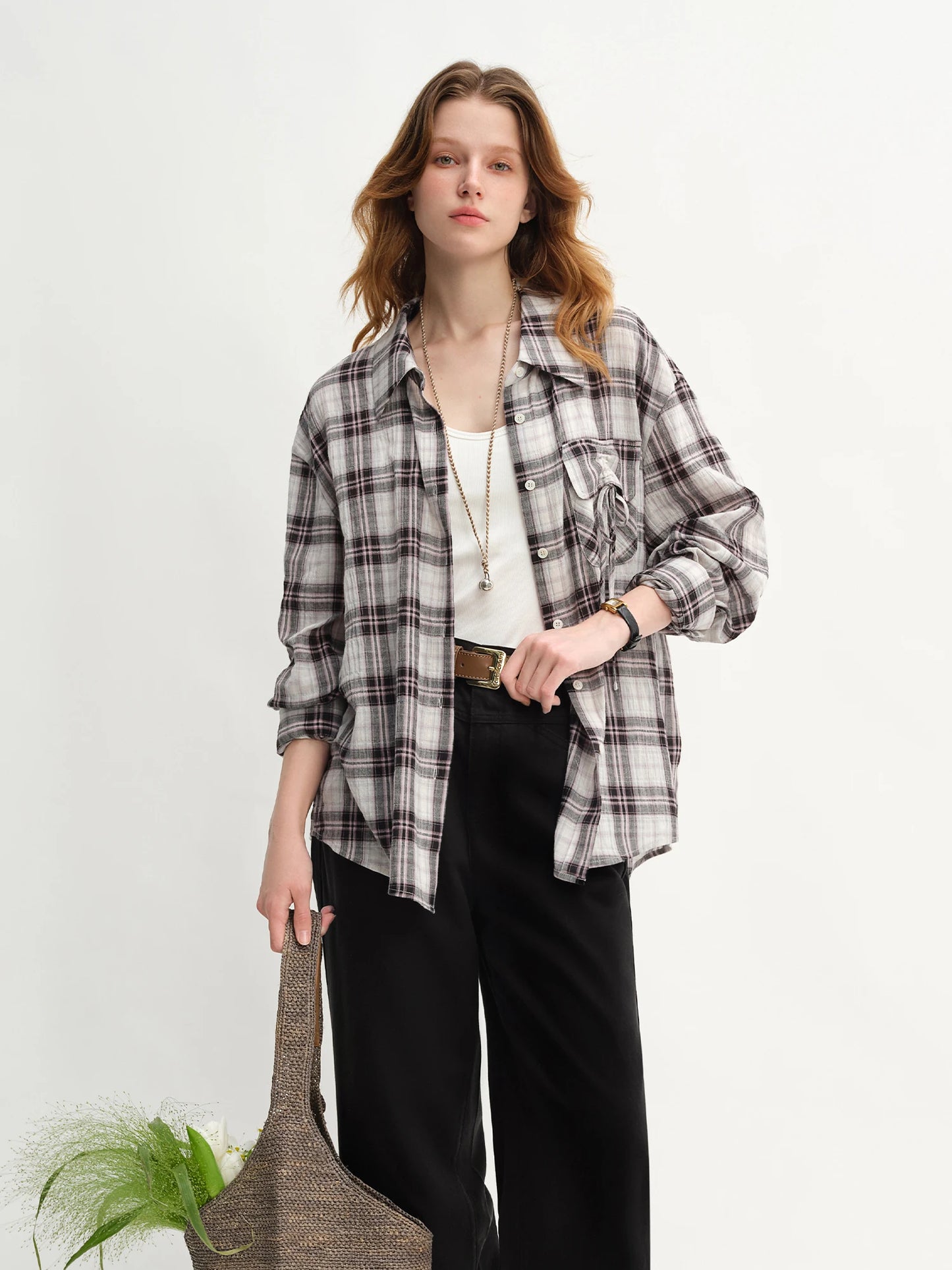 Plus Size Plaid Collar Shirt - Drawstring Pocketed Casual Top