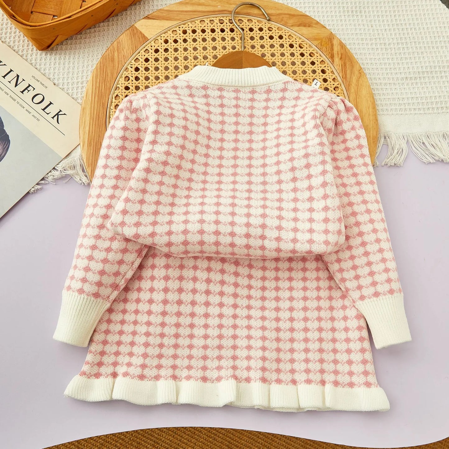 Girls Winter Knitted Cardigan & Skirt Set – Checkered Plaid