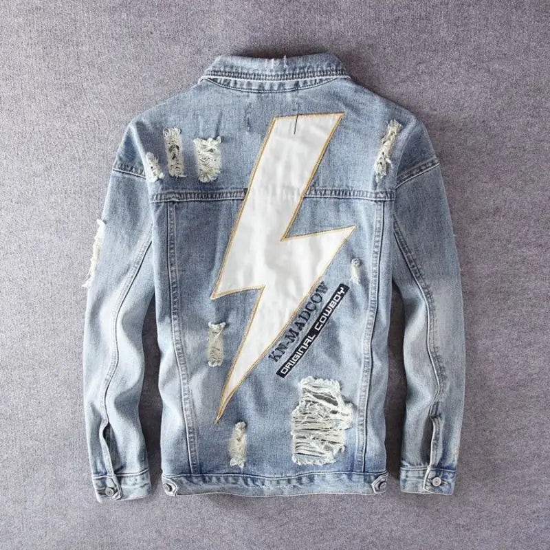 Men's Embroidered Denim Jacket - Retro Ripped Street Style