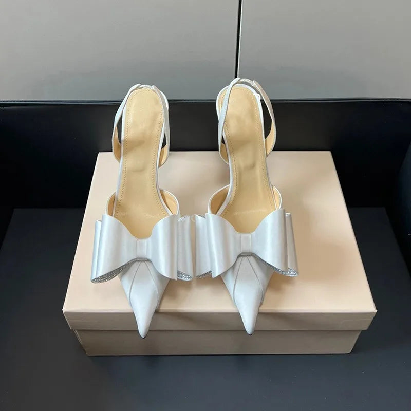 Women's Rhinestone Bowknot Satin Pointed Heel Sandals - Bridesmaid Party Shoes