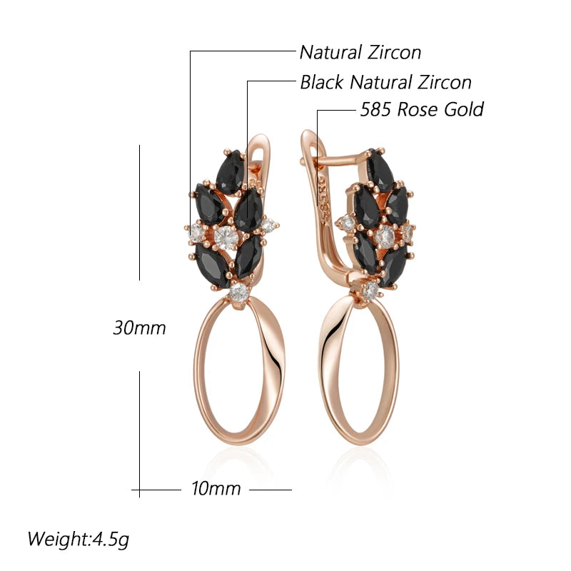 Women 585 Rose Gold Colour Glossy Black Natural Zircon Hollow Geometric Drop Earring