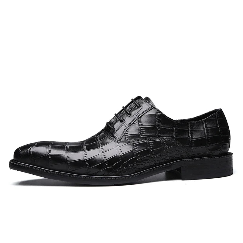Crocodile Pattern Square Toe Brogue Leather Oxford Shoes