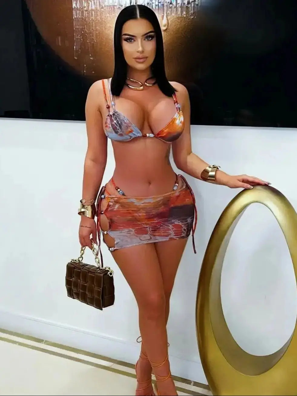 Women's 3-Piece Bikini Set with Mini Skirt - Halter Top Swimwear