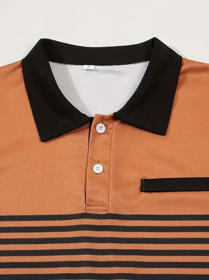 Men's Summer Polo Patchwork Short Sleeve Smart Casual Striped Turn Down Collar Shirt
