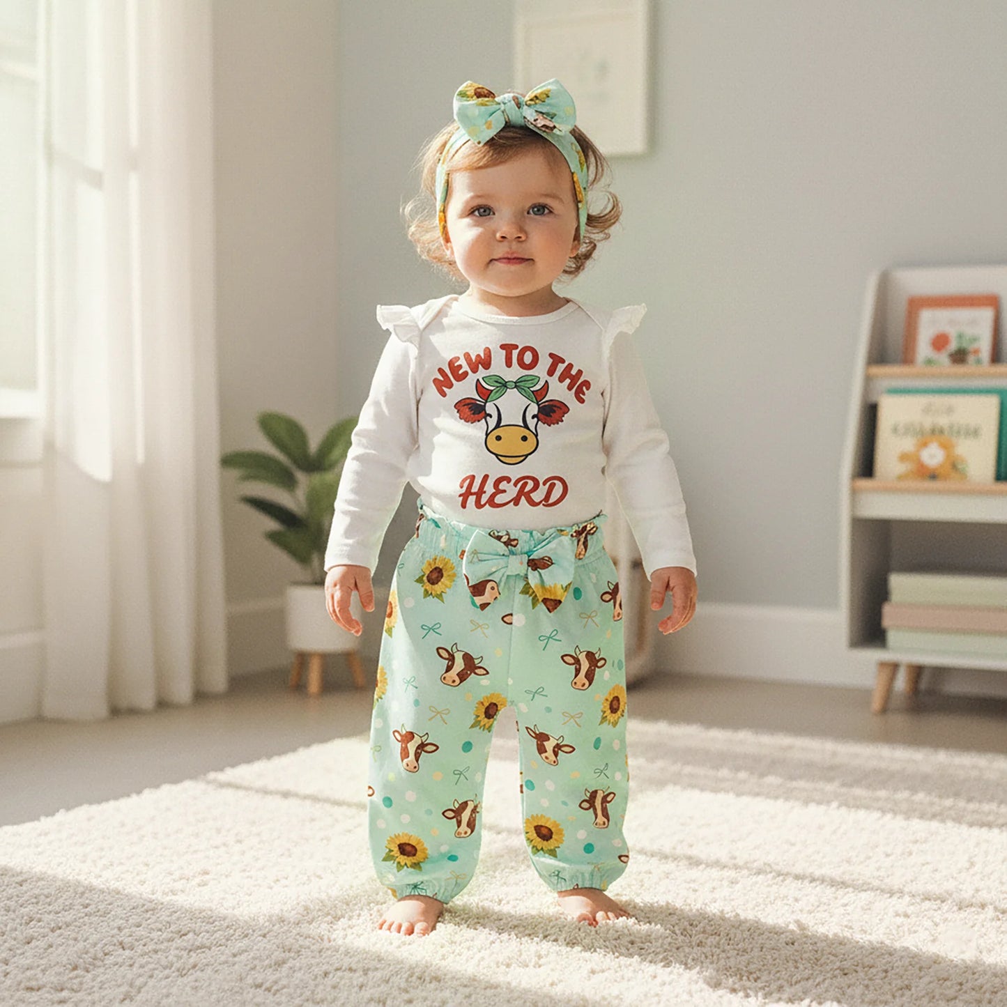 Baby 3-Piece Outfit Set - Cow Print Letter Romper, Pants & Headband