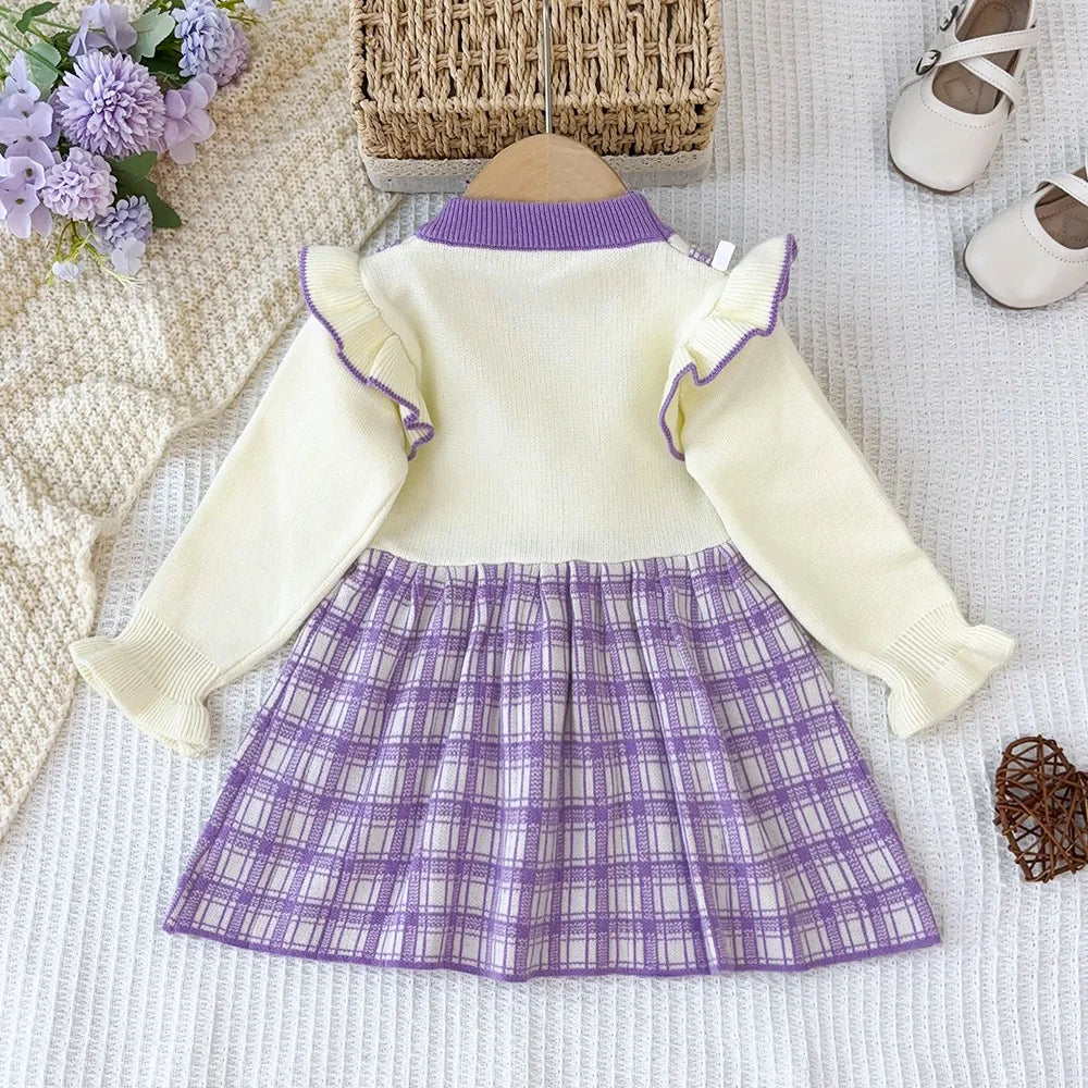 Girl's Long Sleeved Round Neck  with Checkered Bow Patchwork Dress