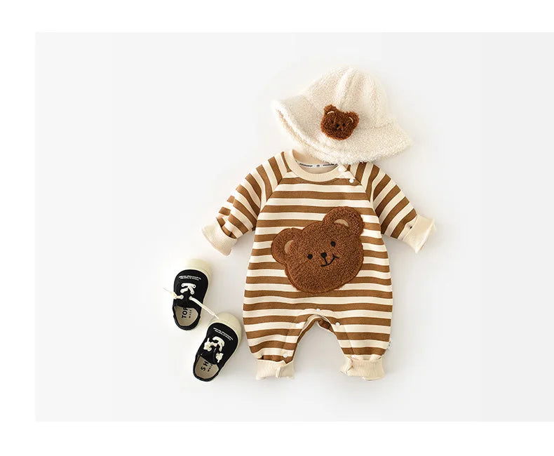 Baby Rompers Thicken Lining Striped Jumpsuits Bear Outfit