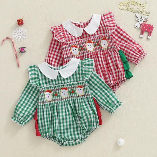 Baby Girls Christmas Romper - Plaid Santa Embroidery Long Sleeve Jumpsuit