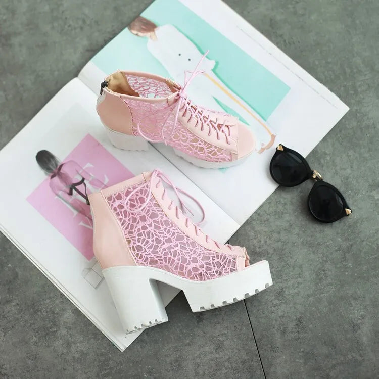 Women's Open Toe Summer Short Back Zipper Leather Mesh Hollow Cool Boots