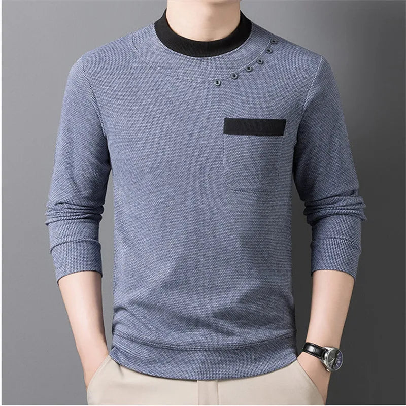 Men's Patchwork O-Neck Knit Pullover - Smart Casual Warm Sweater with Pocket
