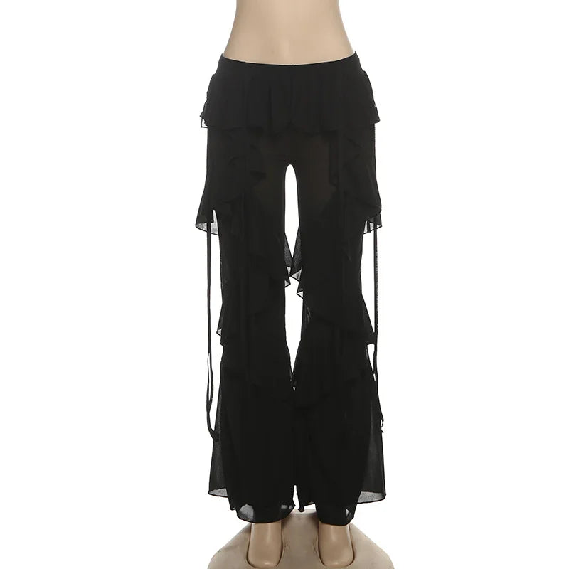 Women's Ruffled Tie Detail Flared Pants - Mesh Sheer Stretch Trousers