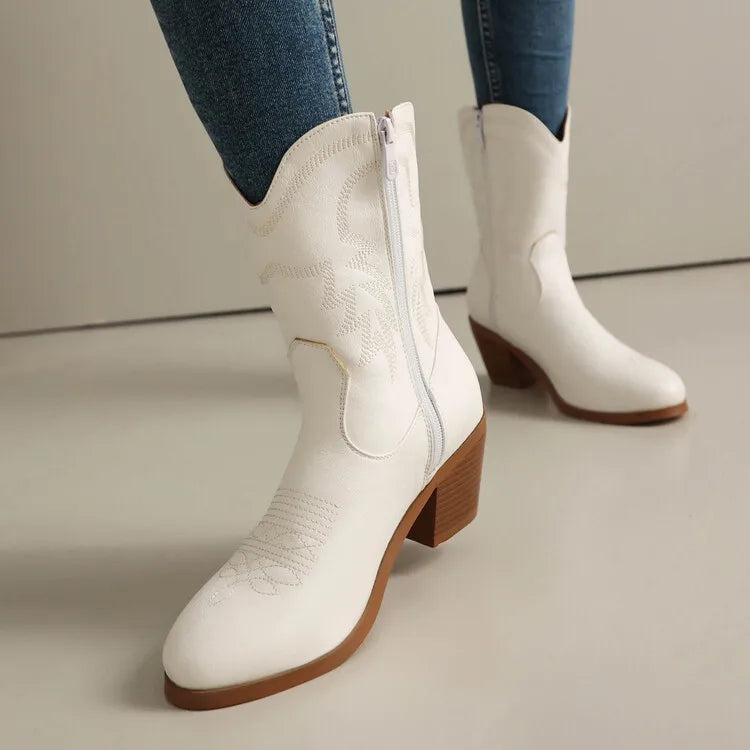 Totem Embroidered Ankle Boots - Pointed Toe Chelsea Boots with 6cm Wedge Heel