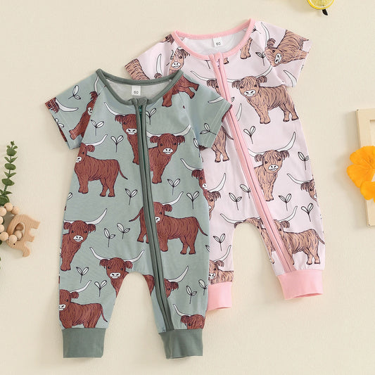 0-18M Infant Baby Girls Boys Western Romper Cow Cattle Print Short Sleeve Zip-Up Toddler Jumpsuits Clothes